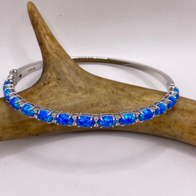 Vintage Minimal Tennis Bracelet | Blue Fire Opal Gemstone Cubic Zirconia Crystal Diamond 925 Sterling Silver