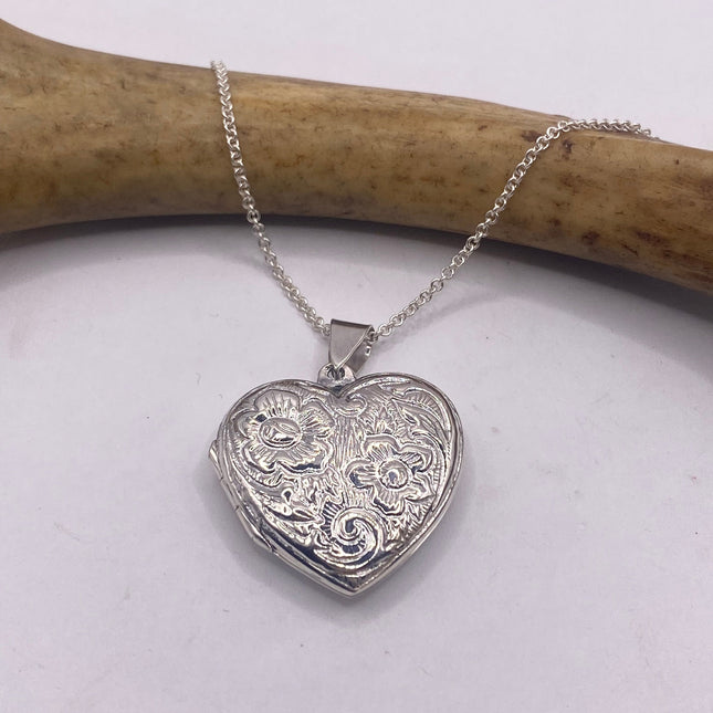 Vintage Silver Locket |Heart Pendant Photo Memory Charm Etched Design | 925 Sterling Silver Chain Necklace | Holds Small Photo