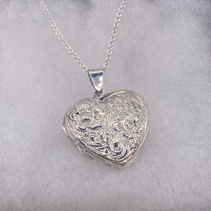 Vintage Silver Locket |Heart Pendant Photo Memory Charm Etched Design | 925 Sterling Silver Chain Necklace | Holds Small Photo