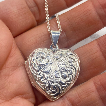 Vintage Silver Locket |Heart Pendant Photo Memory Charm Etched Design | 925 Sterling Silver Chain Necklace | Holds Small Photo
