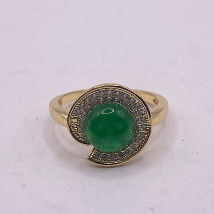 Vintage Gold Green Jade Lucky Cocktail Ring Lotus Leaf antique design, diamond look