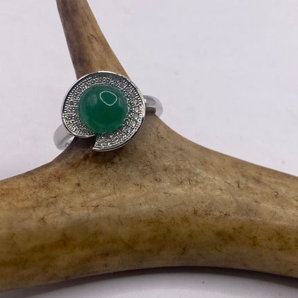 Vintage Green Jade Lucky Cocktail Ring Lotus Leaf antique design, diamond look