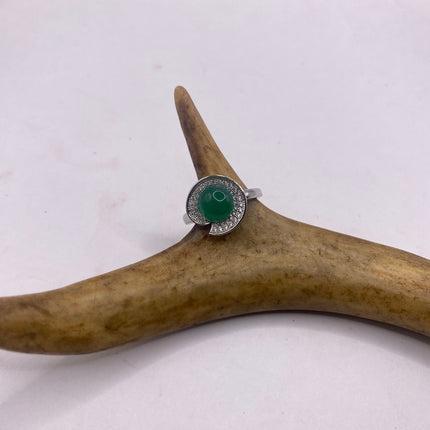 Vintage Green Jade Lucky Cocktail Ring Lotus Leaf antique design, diamond look