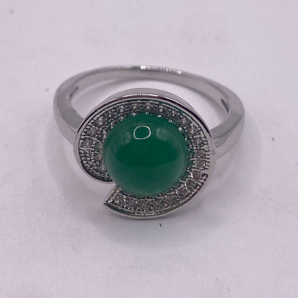 Vintage Green Jade Lucky Cocktail Ring Lotus Leaf antique design, diamond look