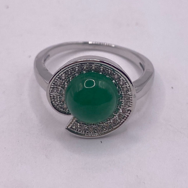 Vintage Green Jade Lucky Cocktail Ring Lotus Leaf antique design, diamond look