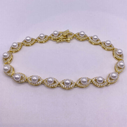 Vintage Gold Tennis Bracelet | Pearl Crystal Diamond Cubic Zirconia | Golden 925 Sterling Silver