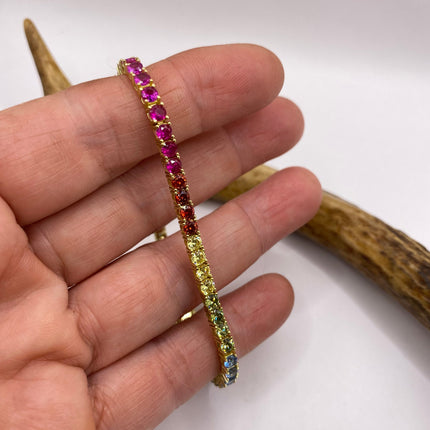 Vintage Golden Tennis Bracelet | CZ Crystal Rainbow Gold 925 Sterling Silver Bracelet