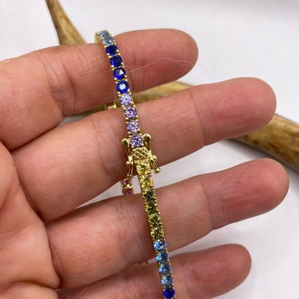 Vintage Golden Tennis Bracelet | CZ Crystal Rainbow Gold 925 Sterling Silver Bracelet