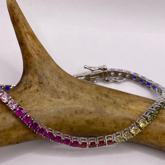 Vintage Silver Tennis Bracelet | CZ Crystal Rainbow 925 Sterling Silver Bracelet | Elegant Everyday Wedding or Prom