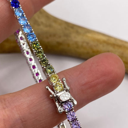 Vintage Silver Tennis Bracelet | CZ Crystal Rainbow 925 Sterling Silver Bracelet | Elegant Everyday Wedding or Prom