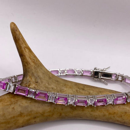 Vintage Silver Tennis Bracelet | Baguette Cut Pink Ice Cubic Zirconia Crystal Diamond | 925 Sterling Silver Stackable Everyday Prom Jewelry