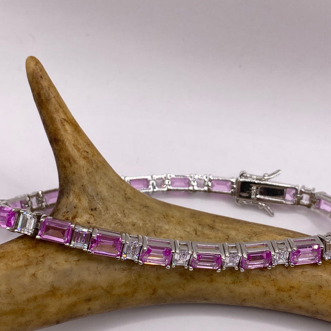 Vintage Silver Tennis Bracelet | Baguette Cut Pink Ice Cubic Zirconia Crystal Diamond | 925 Sterling Silver Stackable Everyday Prom Jewelry