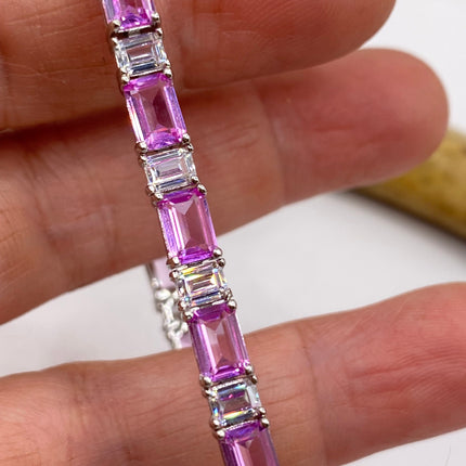 Vintage Silver Tennis Bracelet | Baguette Cut Pink Ice Cubic Zirconia Crystal Diamond | 925 Sterling Silver Stackable Everyday Prom Jewelry