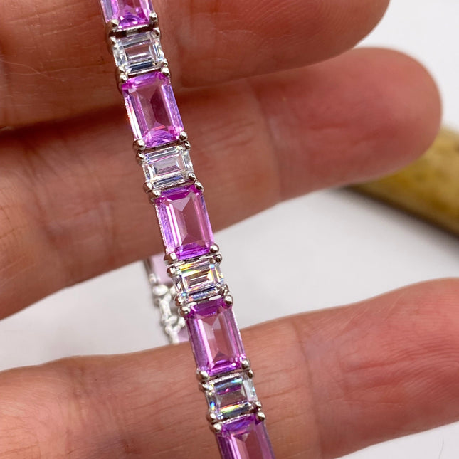 Vintage Silver Tennis Bracelet | Baguette Cut Pink Ice Cubic Zirconia Crystal Diamond | 925 Sterling Silver Stackable Everyday Prom Jewelry