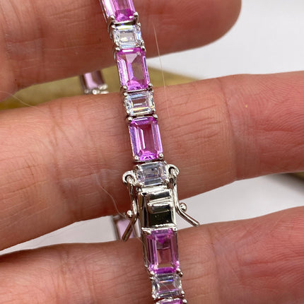 Vintage Silver Tennis Bracelet | Baguette Cut Pink Ice Cubic Zirconia Crystal Diamond | 925 Sterling Silver Stackable Everyday Prom Jewelry