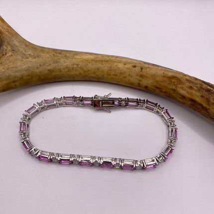 Vintage Silver Tennis Bracelet | Baguette Cut Pink Ice Cubic Zirconia Crystal Diamond | 925 Sterling Silver Stackable Everyday Prom Jewelry