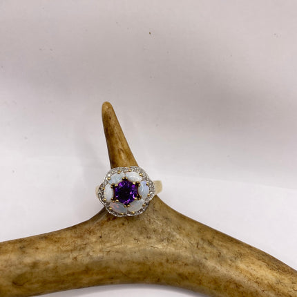 Vintage Purple Amethyst Opal Diamond Flower Ring Band Golden 925 Sterling Silver | Engagement Ring |Promise Ring