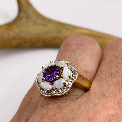 Vintage Purple Amethyst Opal Diamond Flower Ring Band Golden 925 Sterling Silver | Engagement Ring |Promise Ring