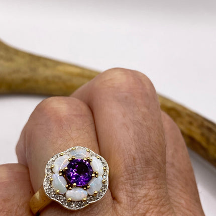 Vintage Purple Amethyst Opal Diamond Flower Ring Band Golden 925 Sterling Silver | Engagement Ring |Promise Ring