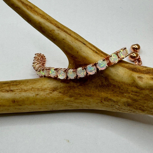 Vintage Gold Tennis Bracelet | Blue Fire Opal Gemstone Prong Setting in Rose Golden 925 Sterling Silver