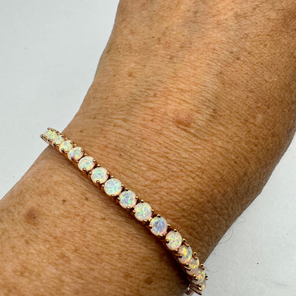 Vintage Gold Tennis Bracelet | Blue Fire Opal Gemstone Prong Setting in Rose Golden 925 Sterling Silver