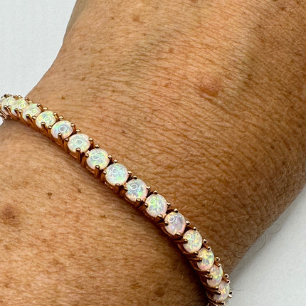 Vintage Gold Tennis Bracelet | Blue Fire Opal Gemstone Prong Setting in Rose Golden 925 Sterling Silver