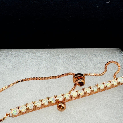 Vintage Gold Tennis Bracelet | Blue Fire Opal Gemstone Prong Setting in Rose Golden 925 Sterling Silver