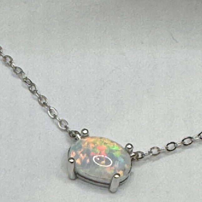 Vintage Silver Necklace | Tiny White Fire Opal Gemstone Crystal Diamond | 925 Sterling Silver Minimalist Charm Pendant Chain Necklace