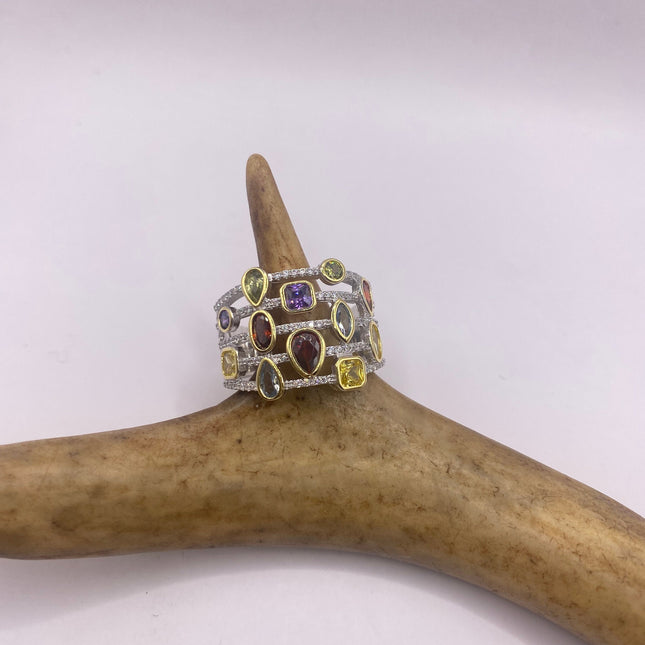 Vintage Silver Ring | Mixed Stone CZ Clear Crystal Diamond Boho Cocktail | 925 Sterling Silver Antique Wedding Band Statement Ring