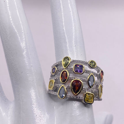 Vintage Silver Ring | Mixed Stone CZ Clear Crystal Diamond Boho Cocktail | 925 Sterling Silver Antique Wedding Band Statement Ring