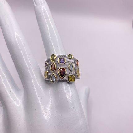 Vintage Silver Ring | Mixed Stone CZ Clear Crystal Diamond Boho Cocktail | 925 Sterling Silver Antique Wedding Band Statement Ring