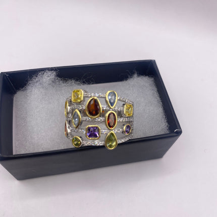 Vintage Silver Ring | Mixed Stone CZ Clear Crystal Diamond Boho Cocktail | 925 Sterling Silver Antique Wedding Band Statement Ring