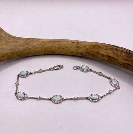 Vintage Minimal Tennis Bracelet | Blue Fire Opal Gemstone Cubic Zirconia Crystal Diamond 925 Sterling Silver