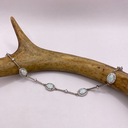 Vintage Minimal Tennis Bracelet | Blue Fire Opal Gemstone Cubic Zirconia Crystal Diamond 925 Sterling Silver