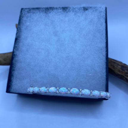 Vintage Minimal Tennis Bracelet | Blue Fire Opal Gemstone Cubic Zirconia Crystal Diamond 925 Sterling Silver