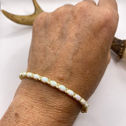 Vintage Minimal Tennis Bracelet | Blue Fire Opal Gemstone Cubic Zirconia Crystal Diamond Gold 925 Sterling Silver