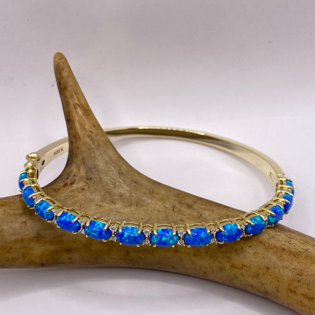 Vintage Minimal Tennis Bracelet | Blue Fire Opal Gemstone Cubic Zirconia Crystal Diamond Gold 925 Sterling Silver