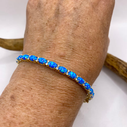 Vintage Minimal Tennis Bracelet | Blue Fire Opal Gemstone Cubic Zirconia Crystal Diamond Gold 925 Sterling Silver
