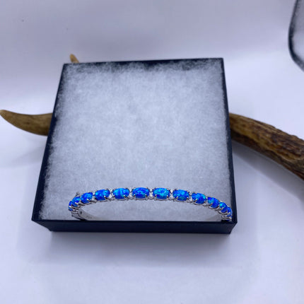 Vintage Minimal Tennis Bracelet | Blue Fire Opal Gemstone Cubic Zirconia Crystal Diamond 925 Sterling Silver