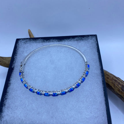 Vintage Minimal Tennis Bracelet | Blue Fire Opal Gemstone Cubic Zirconia Crystal Diamond 925 Sterling Silver