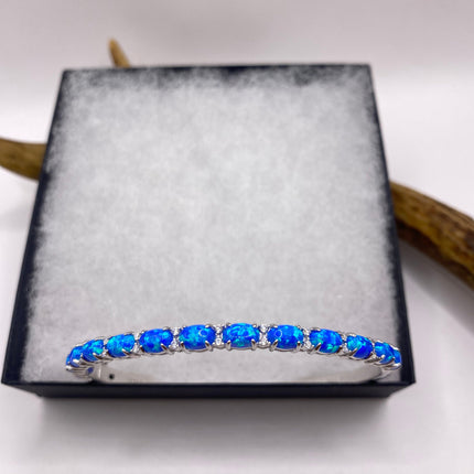 Vintage Minimal Tennis Bracelet | Blue Fire Opal Gemstone Cubic Zirconia Crystal Diamond 925 Sterling Silver