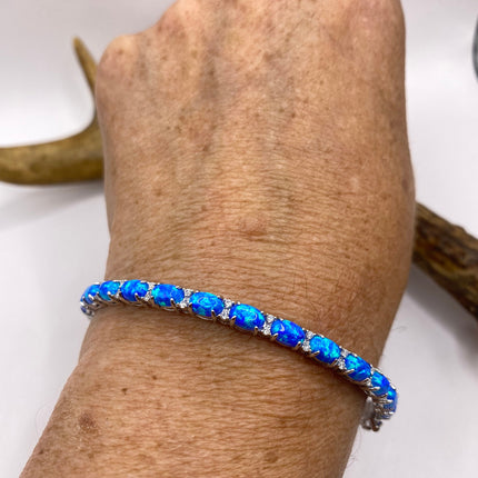 Vintage Minimal Tennis Bracelet | Blue Fire Opal Gemstone Cubic Zirconia Crystal Diamond 925 Sterling Silver