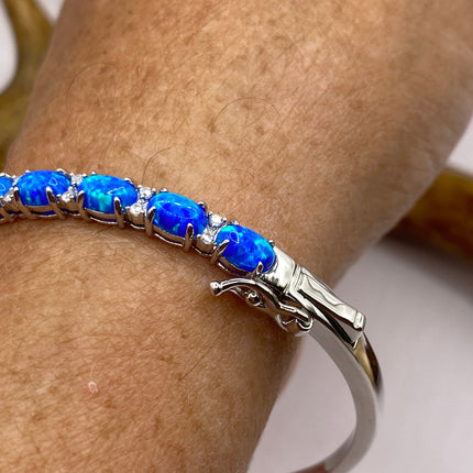 Vintage Minimal Tennis Bracelet | Blue Fire Opal Gemstone Cubic Zirconia Crystal Diamond 925 Sterling Silver