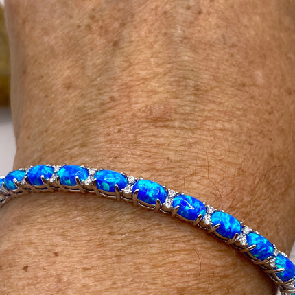 Vintage Minimal Tennis Bracelet | Blue Fire Opal Gemstone Cubic Zirconia Crystal Diamond 925 Sterling Silver