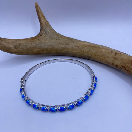 Vintage Minimal Tennis Bracelet | Blue Fire Opal Gemstone Cubic Zirconia Crystal Diamond 925 Sterling Silver
