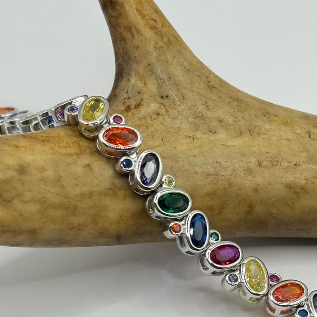 Vintage Silver Tennis Bracelet | CZ Crystal Rainbow 925 Sterling Silver Bracelet | Elegant Everyday Wedding or Prom