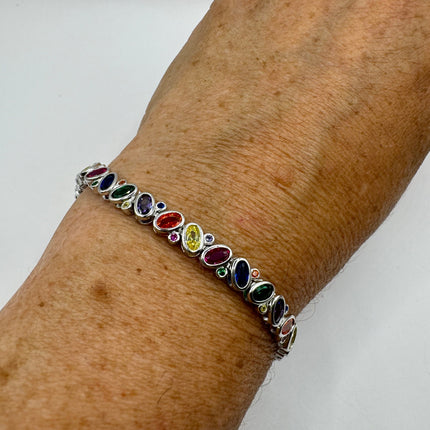 Vintage Silver Tennis Bracelet | CZ Crystal Rainbow 925 Sterling Silver Bracelet | Elegant Everyday Wedding or Prom