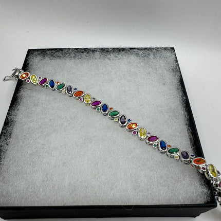 Vintage Silver Tennis Bracelet | CZ Crystal Rainbow 925 Sterling Silver Bracelet | Elegant Everyday Wedding or Prom