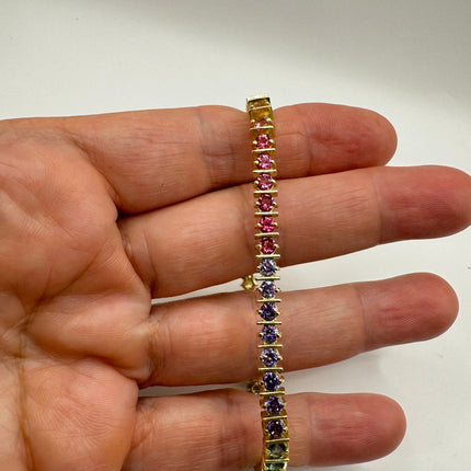 Vintage Golden Tennis Bracelet | CZ Crystal Rainbow Gold 925 Sterling Silver Bracelet