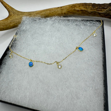 Vintage Silver Necklace | Tiny blue Fire Opal Gemstone Crystal Diamond | 925 Sterling Silver Minimalist Charm Pendant Chain Necklace